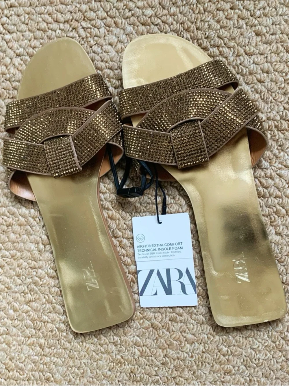ZARA Gold Rhinestone Slide Sandals Size 35 NWT - Picture 3 of 6